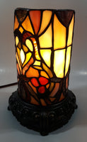 Vintage Heart Pattern Cylinder Shaped Footed Brass Metal Bottom 7 1/2" Tall Stained Glass Table Lamp