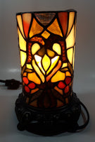 Vintage Heart Pattern Cylinder Shaped Footed Brass Metal Bottom 7 1/2" Tall Stained Glass Table Lamp