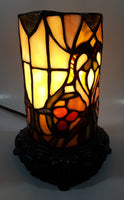 Vintage Heart Pattern Cylinder Shaped Footed Brass Metal Bottom 7 1/2" Tall Stained Glass Table Lamp