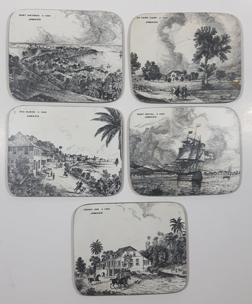 Vintage Jamaica Local Landmarks Scenes Black and White Pictures 3 3/4" x 4 3/4" Wood Coasters with Felt Backing Set of 5