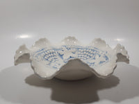 Vintage Grapes and Maple Leaf Pattern Embossed White and Blue Waved Frilled Edge 8" Ceramic Table Center Piece Candy Dish Bowl