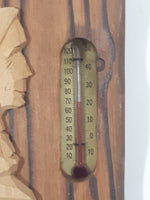 Vintage Audet Rue Du Loup Pte Wood Carved Head on Plaque Inset Thermometer Gauge Made in Quebec