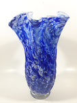 Beautiful Blue and White Twisted Ruffled Top 10 1/2" Tall Art Glass Vase