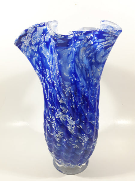 Beautiful Blue and White Twisted Ruffled Top 10 1/2" Tall Art Glass Vase