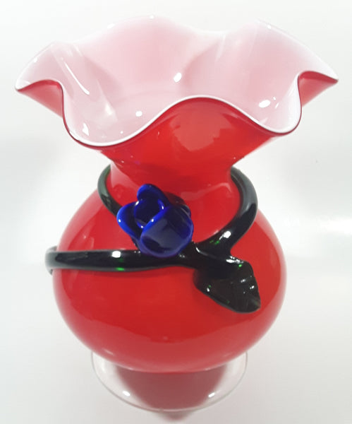 Beautiful Red with Applied Blue Rose and Green Leaves Ruffled Top 10" Tall Art Glass Pedestal Vase