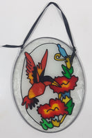 Hummingbird Feeding on Red Flowers Oval Shaped 5" x 6 3/4" Stained Glass Suncatcher