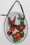 Hummingbird Feeding on Red Flowers Oval Shaped 5" x 6 3/4" Stained Glass Suncatcher