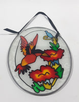 Hummingbird Feeding on Red Flowers Oval Shaped 5" x 6 3/4" Stained Glass Suncatcher