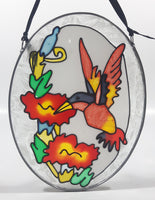 Hummingbird Feeding on Red Flowers Oval Shaped 5" x 6 3/4" Stained Glass Suncatcher