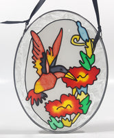 Hummingbird Feeding on Red Flowers Oval Shaped 5" x 6 3/4" Stained Glass Suncatcher