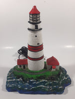 Lighthouse and Buildings Island Shaped 8 3/4" Tall Wood Based Plaster Hand Painted Table Lamp Light Up Model