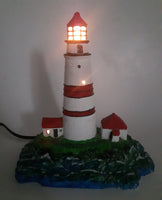 Lighthouse and Buildings Island Shaped 8 3/4" Tall Wood Based Plaster Hand Painted Table Lamp Light Up Model