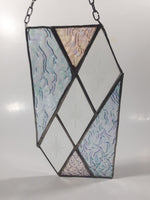 Vintage Rippled Ice Texture Iridescent Light Blue and Light Pink with Clear Diamond Star Burst Pattern 4 1/4" x 8" Stained Glass Window Sun Catcher