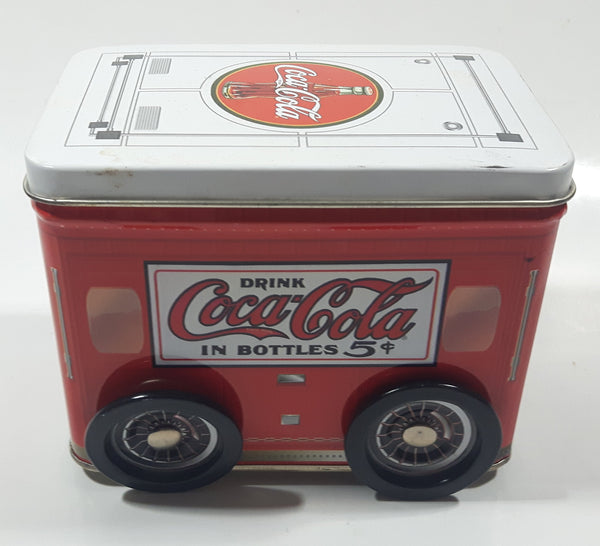 Drink Coca-Cola In Bottle 5 Cents Coke Trailer Shaped Tin Metal Container with Rolling Wheels