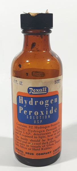 Antique Rexall Drug Company Limited Hydrogen Peroxide Solution U.S.P. 5" Tall Brown Amber Glass Medicine Bottle