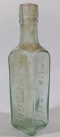 Antique 1880s Paterson's Glasgow Camp Coffee & Chicor 6 5/8" Tall Embossed Lettering Aqua Glass Bottle