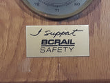 Vintage Mohr I Support BC Rail Safety 11 1/2" x 11 1/2" Wood Plaque Clock and Barometer Thermometer Hygrometer Weather Station