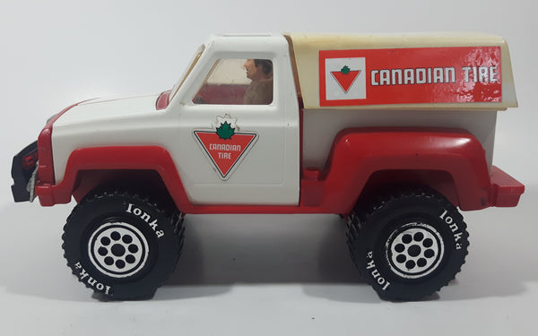 Rare Vintage Tonka Canadian Tire Pickup Truck with Box Cap and Driver 9 1/4" Long Pressed Steel and Plastic Toy Car Vehicle