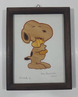 Rare Vintage Snoopy Hugging Woodstock Detailed Fine Stick Art 5 1/2" x 7 1/8" Framed Picture Pto Vallarta, Jal Arturo Hernandez Mexico