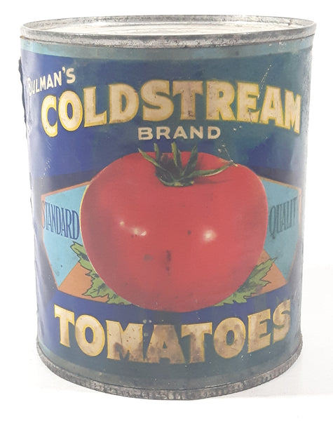 Vintage Bulman's Coldstream Brand Standard Quality Tomatoes 4 3/4" Tall Metal Food Can with Paper Label