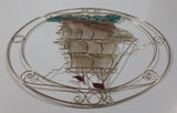 Beautiful Brass Metal and Plastic Stained Glass Style Colorful Tall Ship Sail Boat 13" Wall Hanging