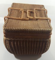 Vintage Large Tightly Woven Bowed Wicker Picnic Basket with Lid