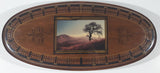 Vintage Great Western Enterprises 16 1/4" Oval Shaped Lacquered Heavy Wood Cribbage Board with Tree and Hilly Sunset Picture