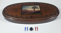 Vintage Great Western Enterprises 16 1/4" Oval Shaped Lacquered Heavy Wood Cribbage Board with Tree and Hilly Sunset Picture