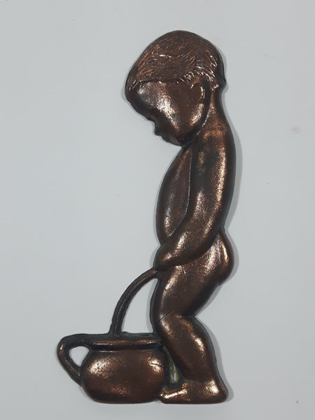 Vintage Boy Peeing in Pot Small 1 5/8" x 3 5/8" 3D Copper Metal Plaque Figure