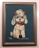 Vintage Grey and White Girl Puppy Dog With Pink Bows 14 1/2" x 18 1/2" Framed Cross Stitch Needle Point Picture