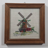 Vintage Dutch Windmill 7 3/8" x 7 3/8" Framed Cross Stitch Needle Petit Point Picture