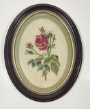 Vintage Rose Flower with Stem and Leaves 11" x 14" Oval Frame Cross Stitch Needle Point Picture