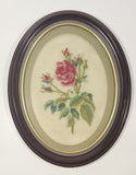 Vintage Rose Flower with Stem and Leaves 11" x 14" Oval Frame Cross Stitch Needle Point Picture