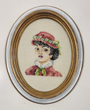 Vintage Victorian Lady 6 1/2" x 8" Oval Framed Cross Stitch Needle Petit Point Picture