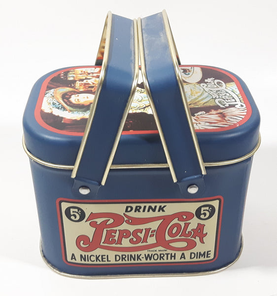 Vintage 1988 Drink Pepsi-Cola A Nickel Drink Worth A Dime 5 Cents Picnic Basket Shaped Tin Metal Container with Handles