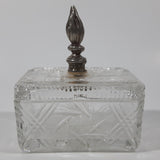 Vintage Pinwheel Crystal Glass Cigarette Box with Ash Tray Lid Brass Metal Torch Shaped Handle