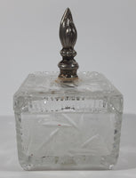 Vintage Pinwheel Crystal Glass Cigarette Box with Ash Tray Lid Brass Metal Torch Shaped Handle