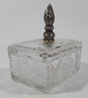 Vintage Pinwheel Crystal Glass Cigarette Box with Ash Tray Lid Brass Metal Torch Shaped Handle