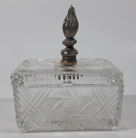 Vintage Pinwheel Crystal Glass Cigarette Box with Ash Tray Lid Brass Metal Torch Shaped Handle