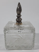 Vintage Pinwheel Crystal Glass Cigarette Box with Ash Tray Lid Brass Metal Torch Shaped Handle