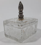 Vintage Pinwheel Crystal Glass Cigarette Box with Ash Tray Lid Brass Metal Torch Shaped Handle