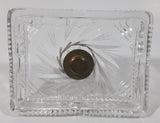 Vintage Pinwheel Crystal Glass Cigarette Box with Ash Tray Lid Brass Metal Torch Shaped Handle