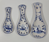 Vintage Delft Blue and White Windmill and Flower Decor Ceramic Spoon Rest Set of 3 Different Sizes