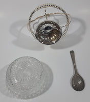 Vintage Mayell Glass Condiment Serving Dish in Silver Plated Basket Holder with Spoon