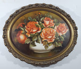 Vintage Original 1981 A. Froese Pink Rose Flower Bouquet in White Planter Vase Still Life Oil Painting Oval Shaped 19" x 23" Gold Ornate Carved Wood Frame