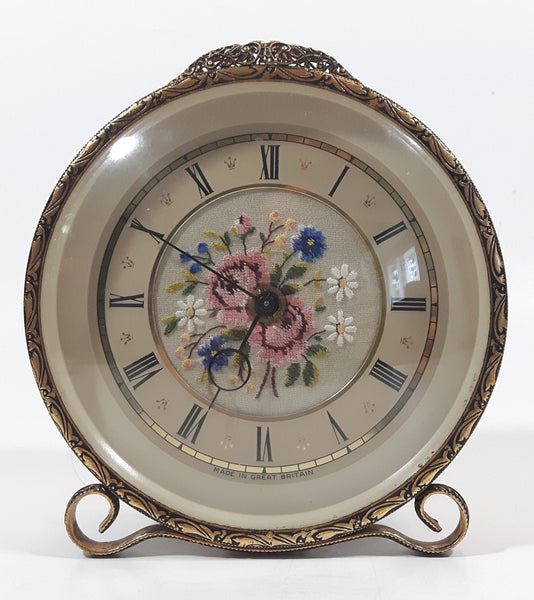 Antique Petit Point Embroidered Colorful Flower Bouquet Ornate Brass Filigree Gilt Wind Up Vanity Dressing Table Clock Made in GT. Britain