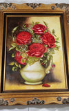 Vintage Original 1970s A. Froese Red Rose Flower Bouquet in White Pitcher Still Life Oil Painting 26" x 32" Gold Ornate Carved Wood Frame