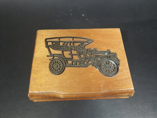 1980s Wooden Playing Card Box w/ Model-T Brass Decor - No cards - Treasure Valley Antiques & Collectibles